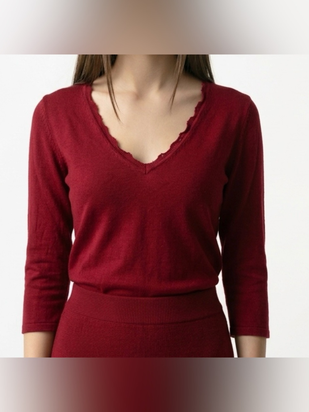 Banana Republic Deep Red V-Neck Top w/Scalloped Silk Neckline.